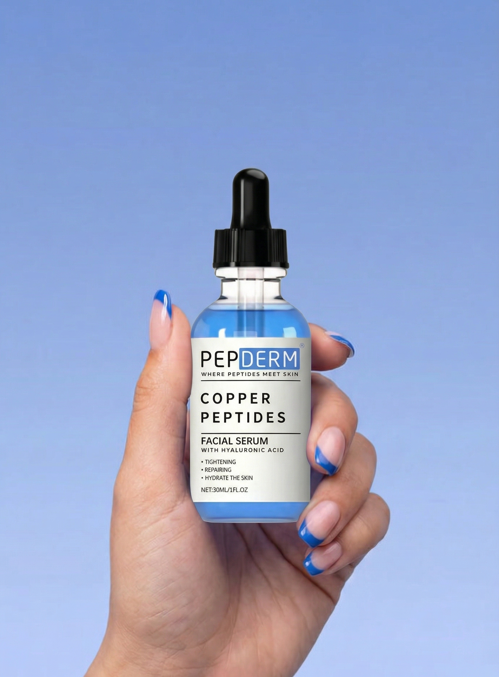 Hand holding a bottle of PEPTDERM Copper Peptides Facial Serum against a blue background